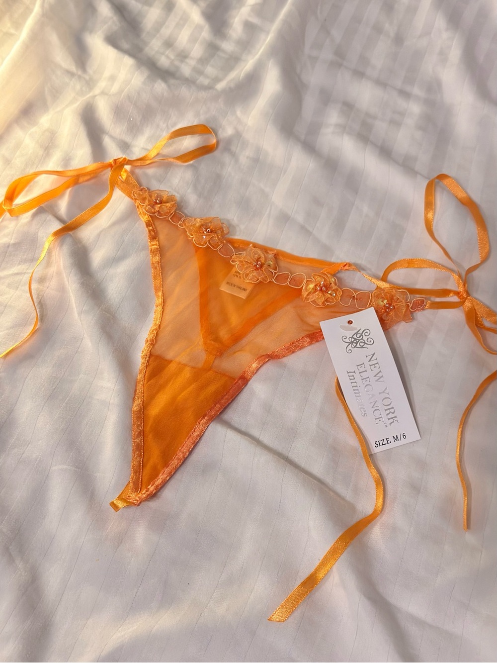 Deadstock Y2K Orange New York Elegance Intimates Flower Embroidered Ribbon Thong